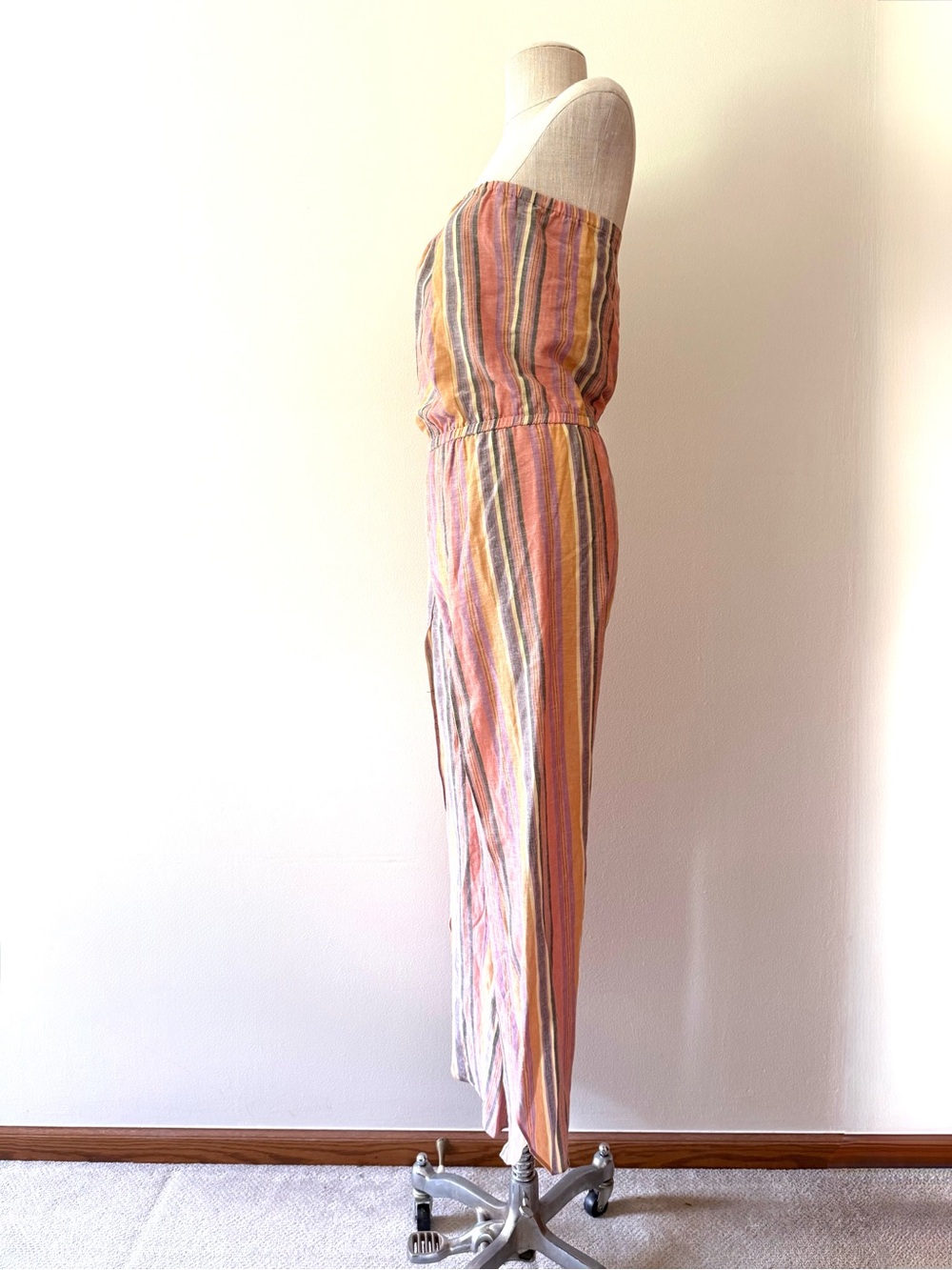 Anthro Drew Emerson XS Linen Strapless Tulip Split Leg Rainbow Striped Jumpsuit - Picture 8 of 15
